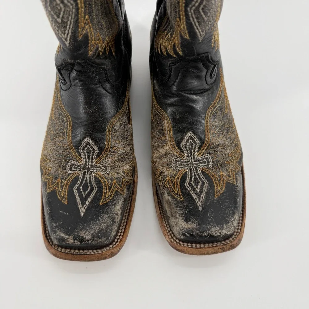 Corral Teens Girls A1032 Black Gold Winged Cross Western Boots Square Toe Size 3